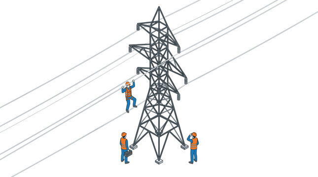 electric power transmission tower illustration, engineers performing maintenance, high voltage lines, isometric vector isolated background on white design