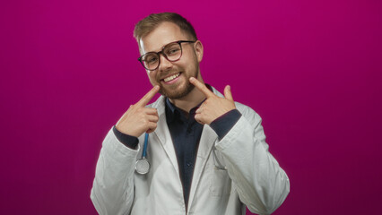 Man doctor with stethoscope points fingers to cheeks wearing glasses smiling in magenta studio; cheerful health promotion.