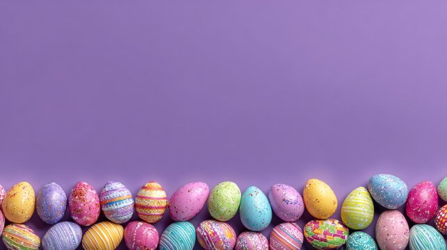 Colorful easter eggs with double decorative border on vibrant purple background for spring holiday celebration and festive seasonal decoration - Powered by Adobe