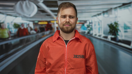 Man prisoner with beard in orange jumpsuit standing in airport terminal, frowning and looking...