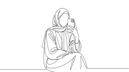 Obraz premium Continuous line drawing of woman in hijab using smartphone