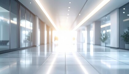 Bright light shines through modern corridor with reflective floors and plant decorations during daytime