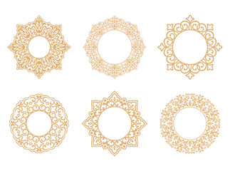 Set of decorative frames Elegant vector element for design in Eastern style, place for text. Floral golden and white borders. Lace illustration for invitations and greeting cards