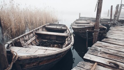 Misty lake scene with weathered wooden boats moored at a rustic dock