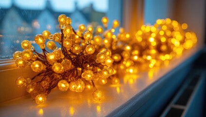 Warm yellow string lights on windowsill