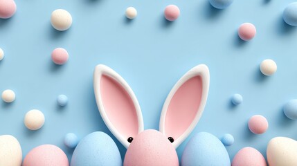 Playful easter background with pastel eggs and peeking bunny ears on a colorful festive spring design