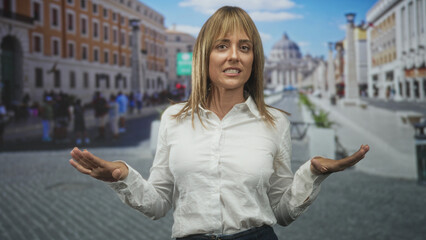 Woman, middle age hispanic blonde, raises hands palms up and looks upward in a crowded city street near classical buildings; quiet wonder.
