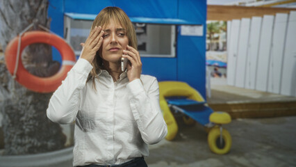 Woman holding smartphone to ear touching cheek in a blue lifeguard building by a beach hut with rescue ring and cart visible; concern urgency stress.