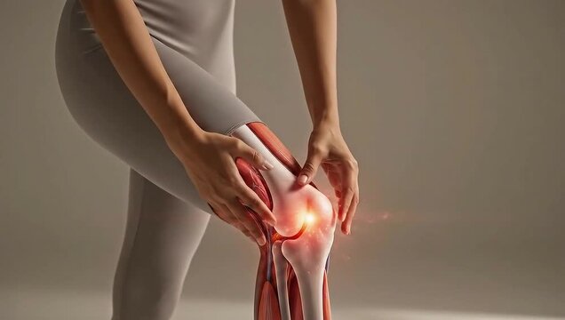 Woman experiencing knee pain with highlighted knee anatomy.