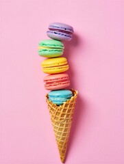 Colorful macarons stacked in a waffle cone on pink background