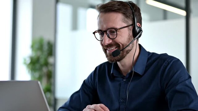 Professional man in headset and laptop providing excellent customer service and remote support during a virtual online meeting. Concept of digital communication, client engagement, and modern...
