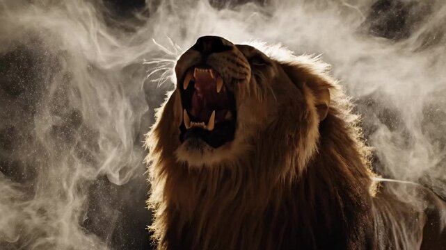 A regal lion, captured mid-roar with a powerful display of teeth and mane, backed by dramatic fog