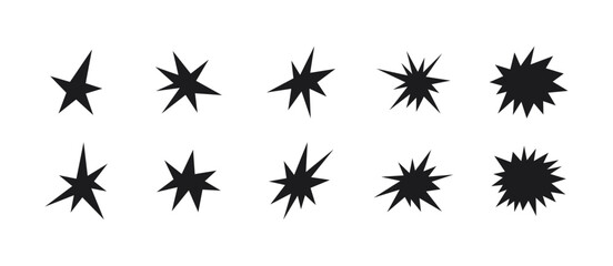 Irregular star shape icons set. Abstract starburst symbol. Comic burst sticker. Graphic design collage element. Spiky cartoon figure. Vector illustration isolated on white background. © Elena Pimukova