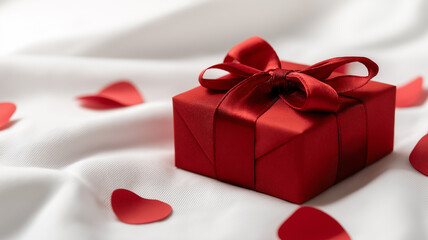 Obraz premium A beautifully wrapped red gift box sits amidst scattered heart-shaped petals, perfect for love Generative AI