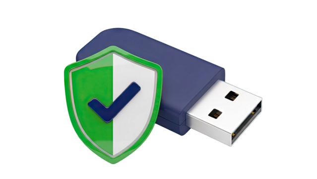 USB Drive with Security Shield and Checkmark Icon - Powered by Adobe