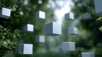 Floating geometric cubes create an abstract serene digital network within a softly focused forest