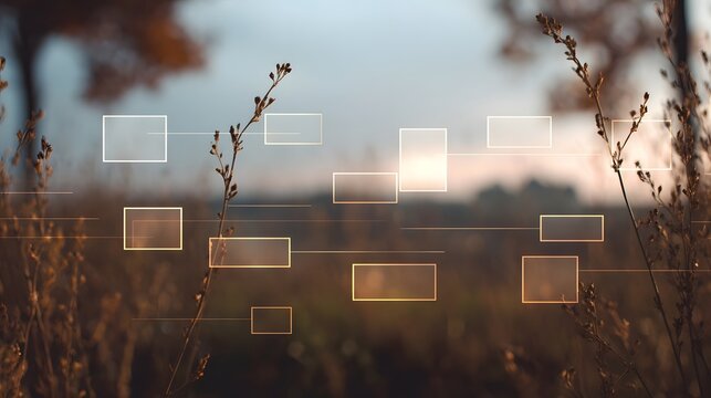 A serene natural landscape overlaid with abstract digital network nodes and lines - Powered by Adobe