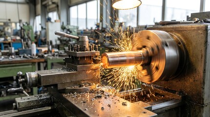 A dynamic industrial scene showcasing a metalworking process with sparks flying in a factory setting, highlighting precision engineering and heavy machinery in action.
