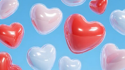 Obraz premium Two red heart shaped candies and pink heart shaped balloons serve as a sweet romantic symbol of love and passion for a 3d Valentine holiday celebration gift isolated on a pink background