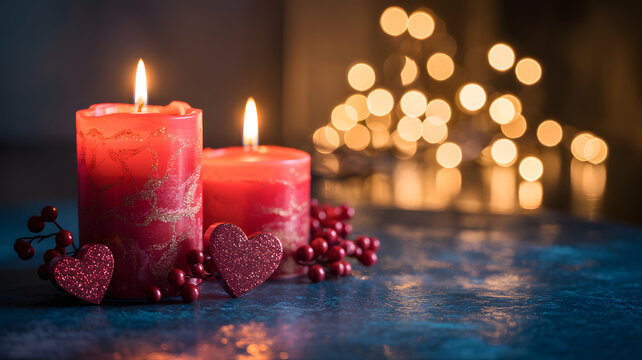 Two lit red candles with hearts and berries on a dark surface with bokeh lights in background for valentines day - Powered by Adobe