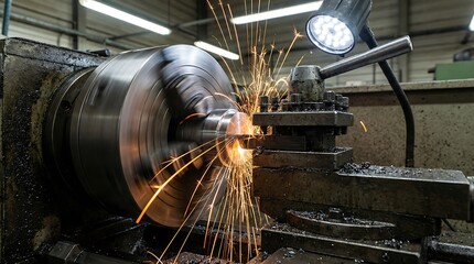 A powerful industrial metal lathe machine in action, creating sparks as it shapes a metal piece in a workshop or factory setting.