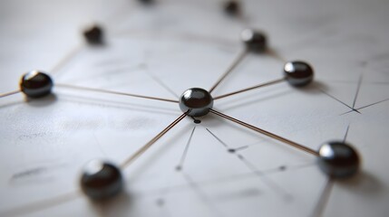 Abstract network of metallic nodes and connecting lines illustrating data flow and complex connections on a textured surface