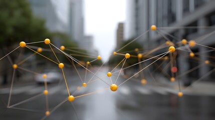Abstract digital network visualization with glowing orange nodes and lines overlaid on a blurred rainy urban street symbolizing city connectivity