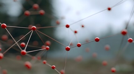 Abstract network of glowing red nodes and connecting lines against a blurred atmospheric landscape background