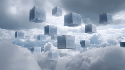 Futuristic translucent cubes with glowing data float in a surreal overcast cloudy sky symbolizing digital information and technology