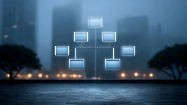 Glowing organizational diagram against a misty urban skyline - Powered by Adobe