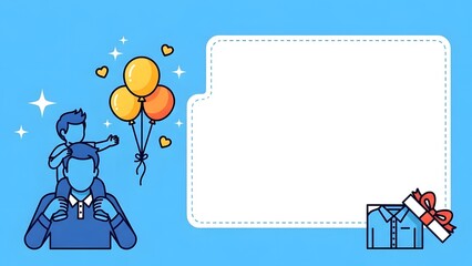 Father and son celebration with balloons and gift box template for fathers day or birthday greeting card design