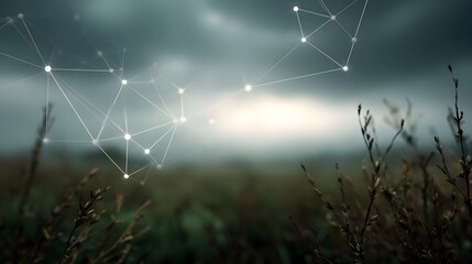 An abstract digital network connects points of light over a dramatic atmospheric natural landscape