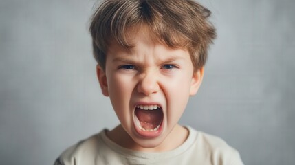 Young child with intense expression shouting loudly, showcasing emotional overload and communication challenges in a hyper-realistic portrait setting