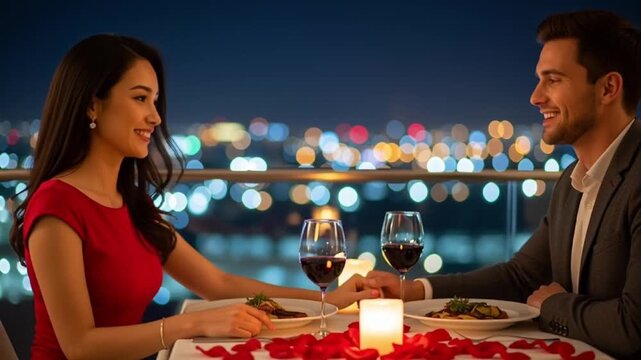 Couple enjoys romantic dinner at rooftop with city view