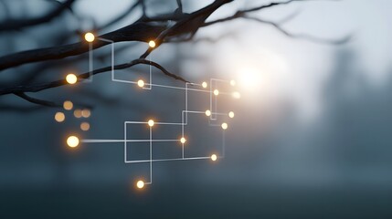 Abstract digital network overlay on a misty tree branch with glowing lights