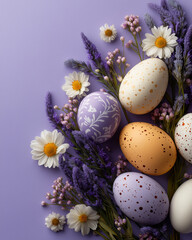 Obraz premium Colorful Easter eggs are artistically arranged with delicate flowers on a soft lavender surface Generative AI