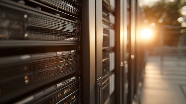 Modern server racks in a data center bathed in warm glowing sunset light creating a bokeh effect in the background - Powered by Adobe
