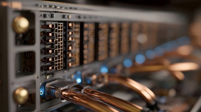 Close up view of a complex server rack with illuminated copper cables and internal components