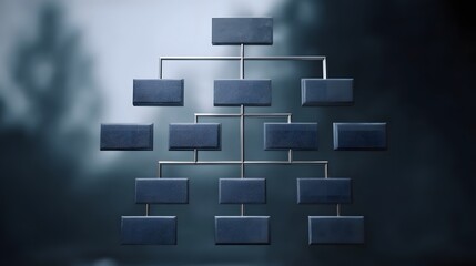Dark organizational hierarchy chart diagram with abstract conceptual boxes and connections against a blurred background