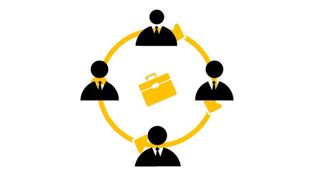 Animated job rotation concept featuring multiple business people, rotating arrows, and work bags. Visual representation of dynamic career movement and organizational flexibility.