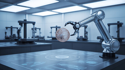 A robotic arm holds a metallic sphere in a modern laboratory setting