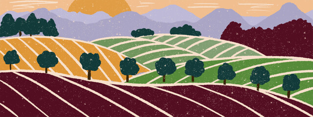 Obraz premium Abstract vineyard pattern. Striped fields, green hills and mountains with rustic grain texture. Eco countryside landscape.