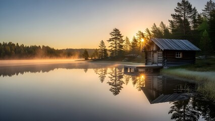 Serene lake house at sunrise with misty forest and calm water reflection