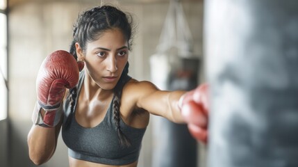Female boxer training intensely in a gym, showcasing athleticism and focus while delivering a powerful punch to a heavy bag