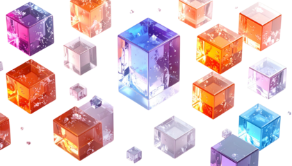Transparent, colorful cubes floating on black. Detailed shadows and highlights