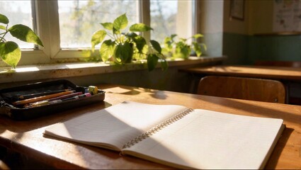 An open spiral notebook sits on a wooden school desk in the sunlight with a pencil case and green plants nearby.