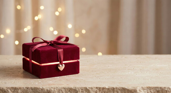 Elegant red gift box with ribbon and soft glowing light