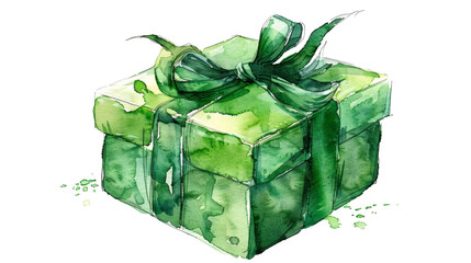 Green gift box watercolor isolated on white background