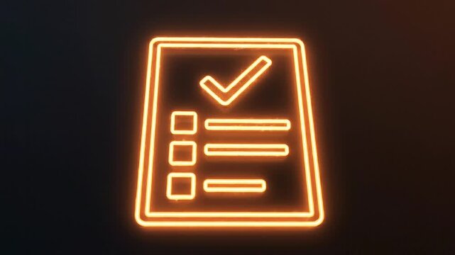 Glowing neon checklist icon on dark background.