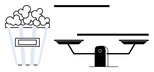 Decision-making, consumer behavior, balance, priorities, lifestyle, dietary choices. A bucket of popcorn and a scale. Decision-making and consumer behavior concept
